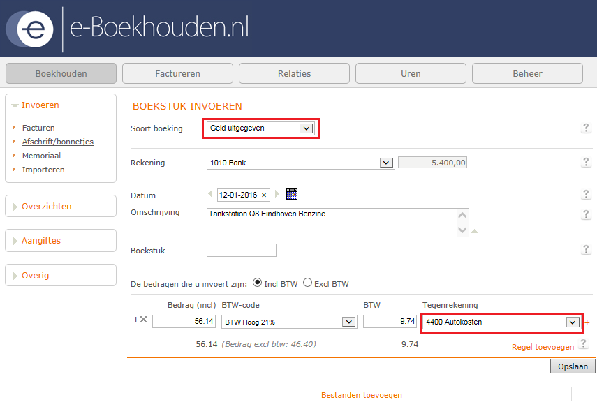 E-boekhouden brandstof autokosten
